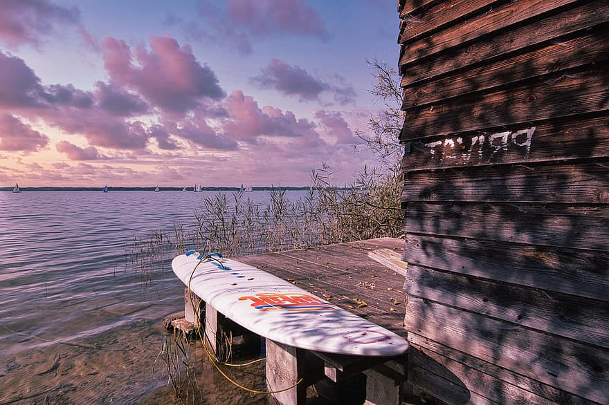 tabla de surf, lago, naturaleza, al aire libre, viaje, Chiemsee, choza, puesta de sol
