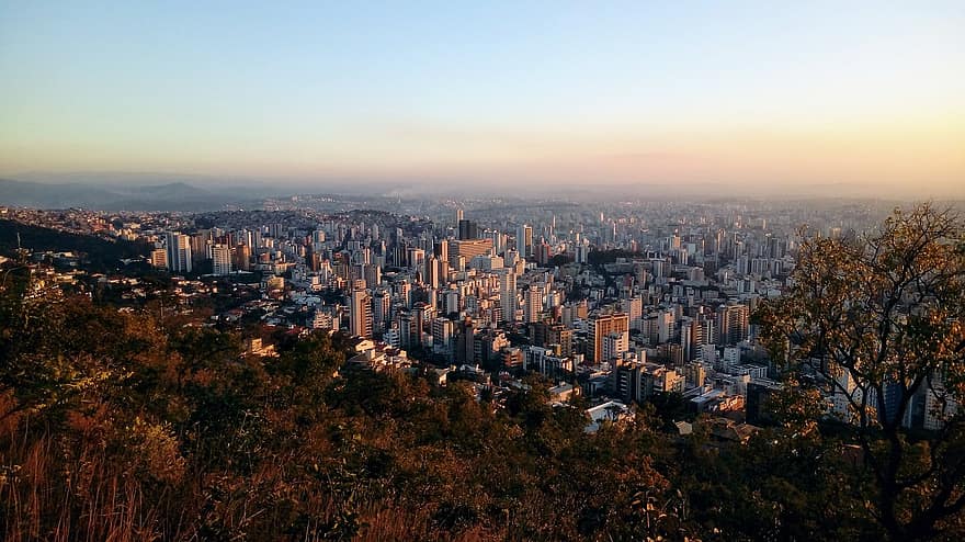 hora, město, Pohled, průhled, nadmořská výška, serra, ulice, mraky, Brazílie, svítání