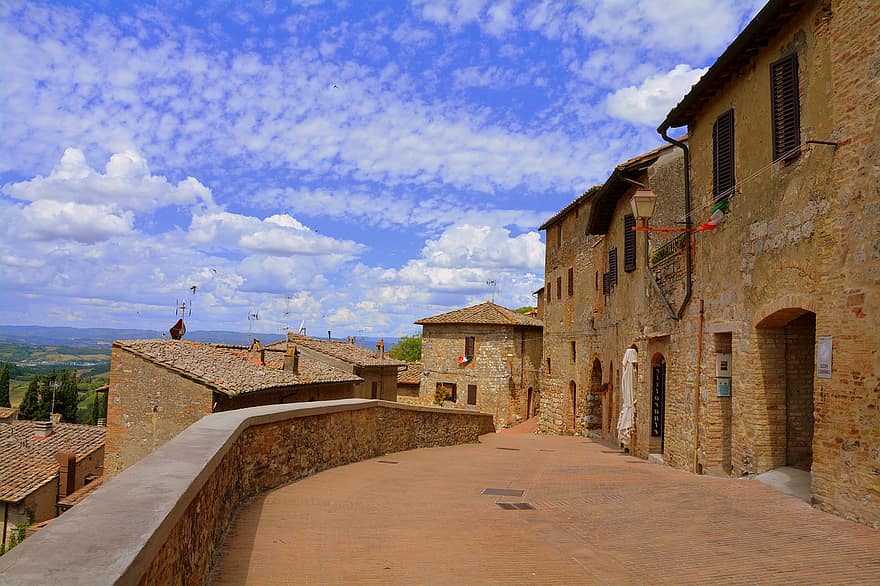 intravedere, case, San Gimignano, Toscana, Italia, turismo, paesaggio, cielo, nuvole