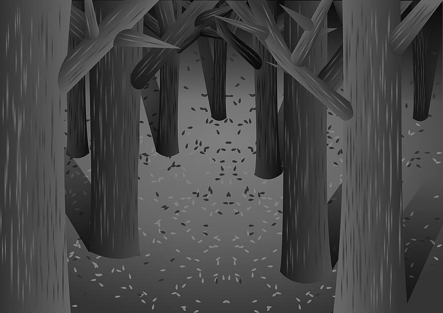 森林、森の中、木、木材、葉、夜、闇、接地、グレイナイト、灰色の葉