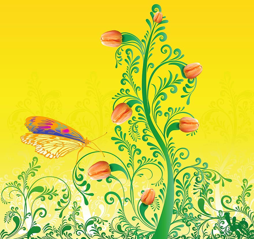 kevät, tulppaanit, perhonen, kukat, värikäs, keltainen, vihreä, ilmava, tuoksu, aurinko, lämpö