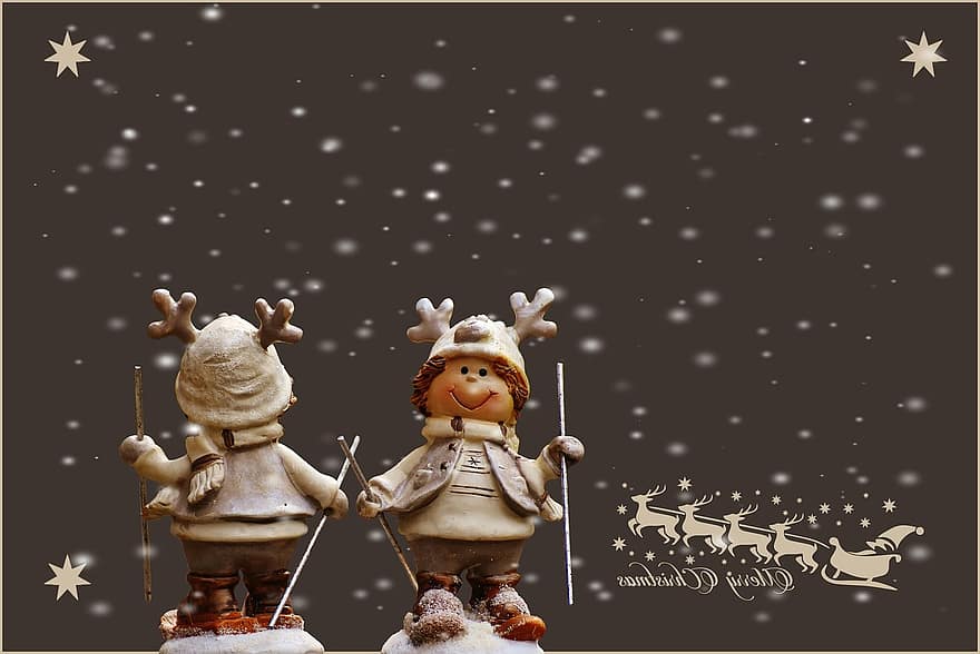 Коледа, фигури, зима, сняг, ски, забавен, животно, деко, идване, украса, декември