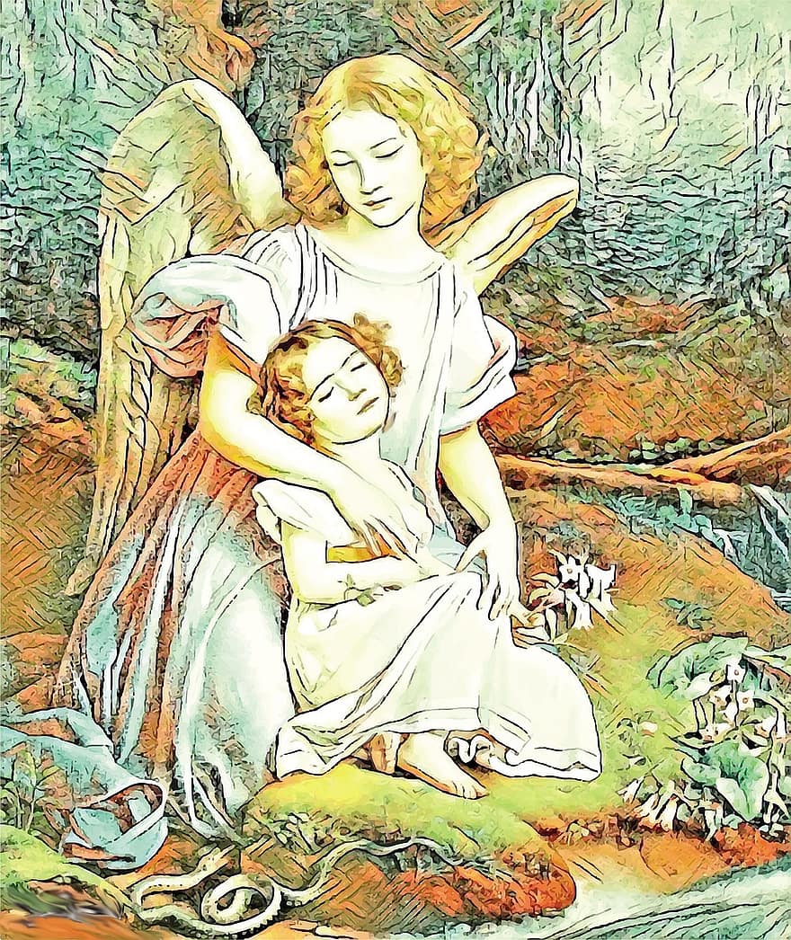 Thiên thần, đứa trẻ, rừng, thiên thần hộ mệnh, con gái, sự bảo vệ, người bảo vệ, con rắn, nguy hiểm, sự thánh thiện