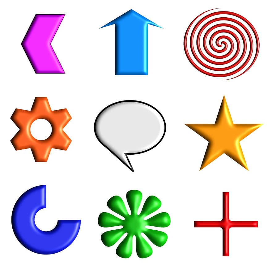 ikonas, simboli, formas, iestatīts, tīmeklī, internetā, logotips, pogas, bultas, zvaigzne, zieds