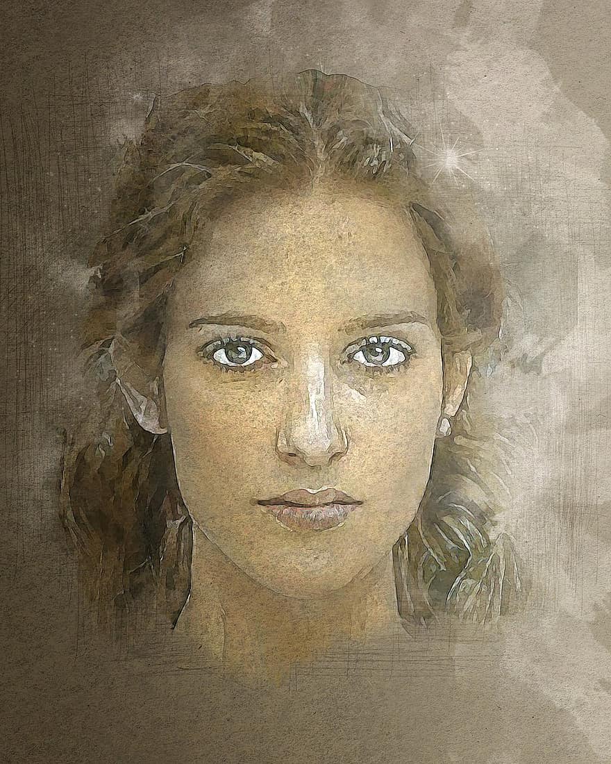 Girl, Woman, Portrait, Face, Model, Eyes, People, Watercolor, Pose, women, adult