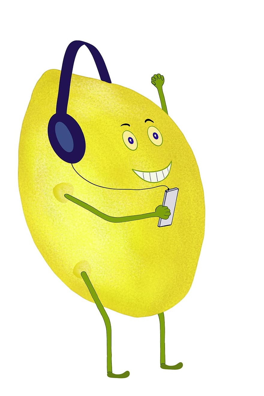 lemon, musik, headphone, mendengarkan, buah, lucu, gembira, bersorak, berair, terang, penuh warna