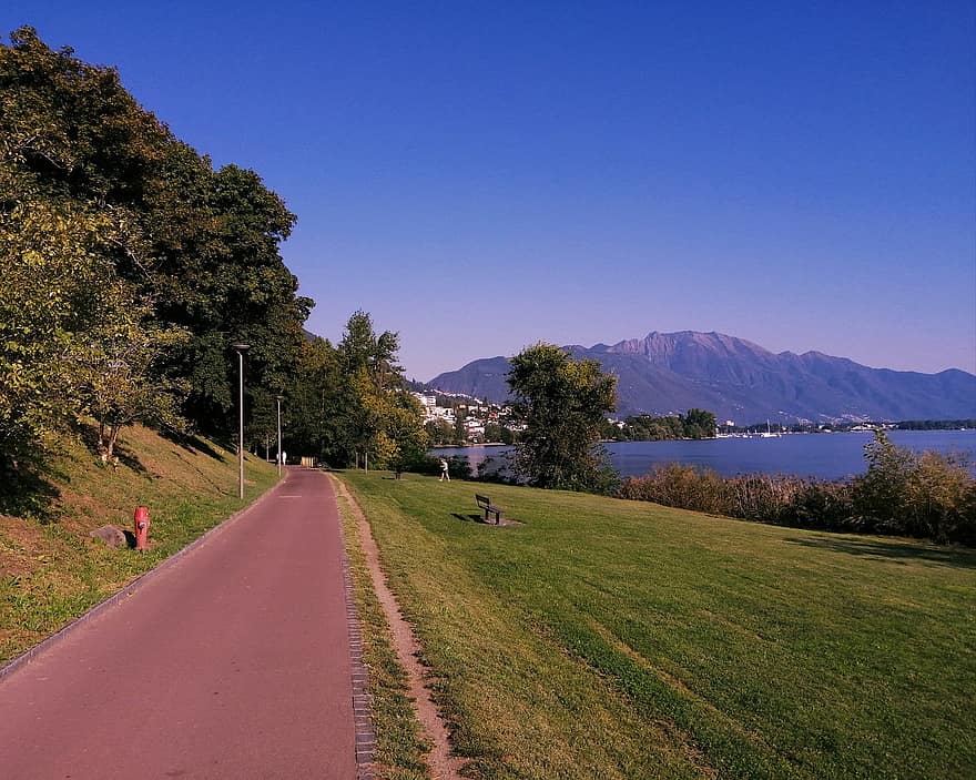 Natur, Pfad, Landschaft, draußen, Lago Maggiore, Tessin, See, Sommer-, Berg, Gras, Blau