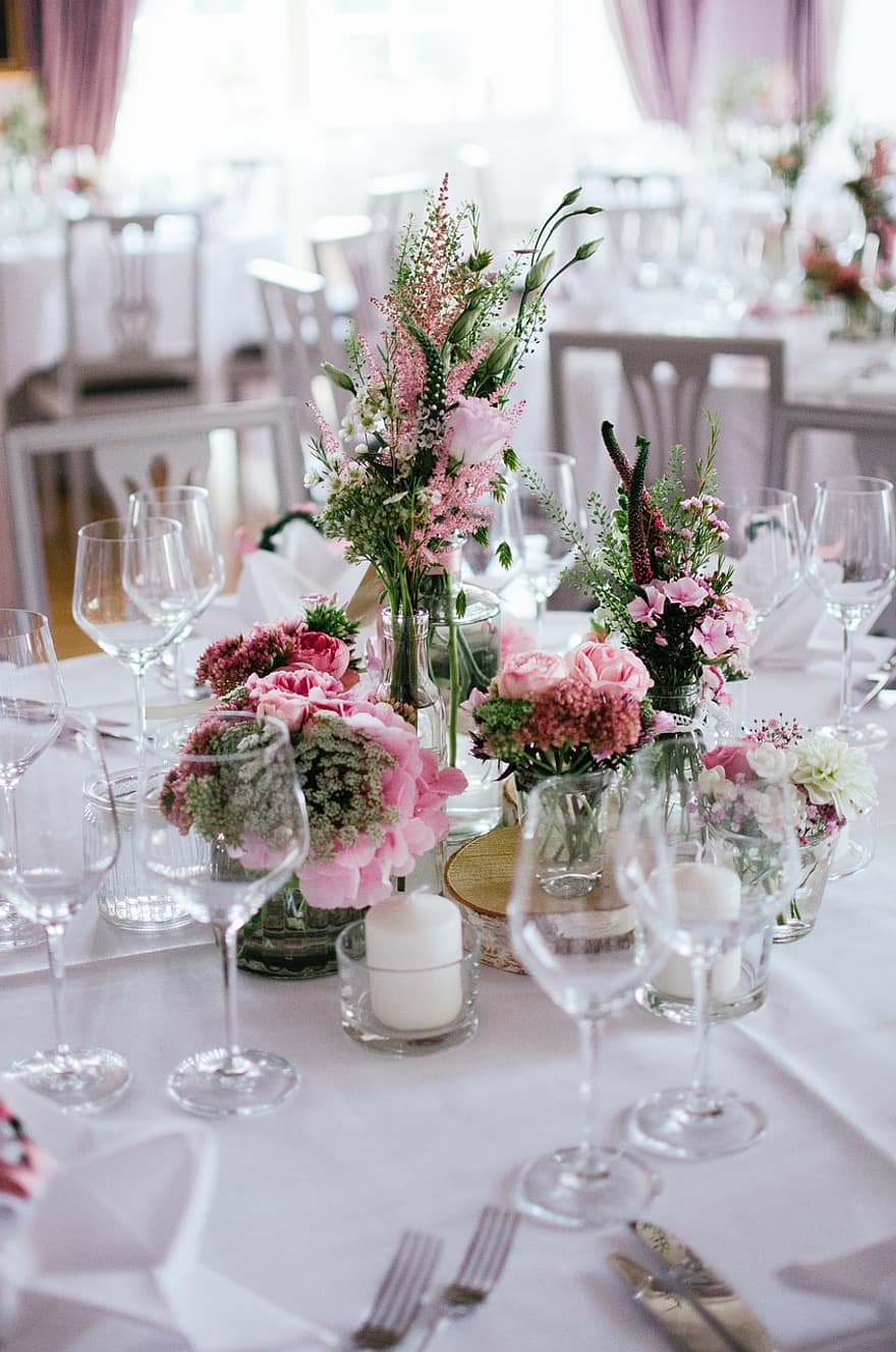fleur, décoration, réglage de la table, fête, table, mariage, élégance, banquet, luxe, bouquet, nappe de table