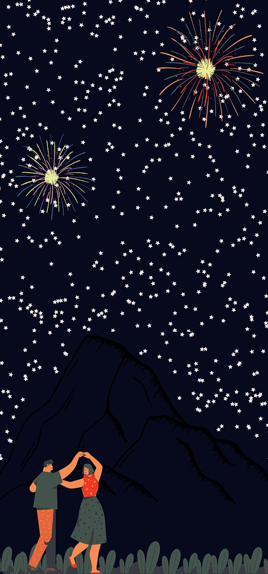 Couple, Night Sky, Wallpaper, Dancing, Stars, Starry, Fireworks, Together, Lovers, Love, Happiness