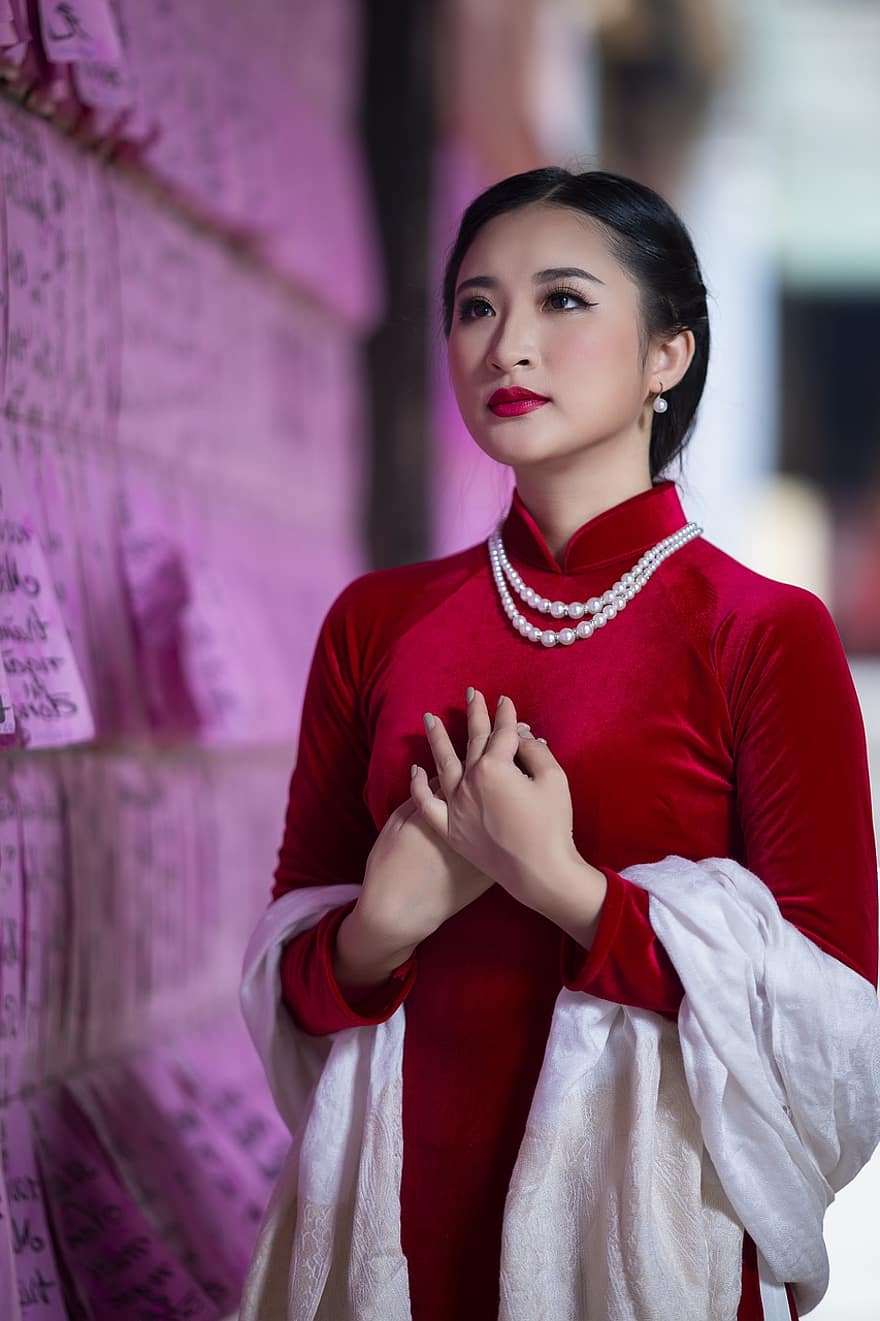 ао дай, мода, женщина, вьетнамский, Красный Ао Дай, Вьетнамское национальное платье, традиционный, платье, стиль, красота, прекрасный