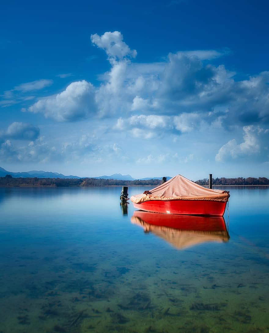 езеро, лодка, закотвена, закачен, вода, отражение на водата, природа, околност, Прин, Химзее, Химгау