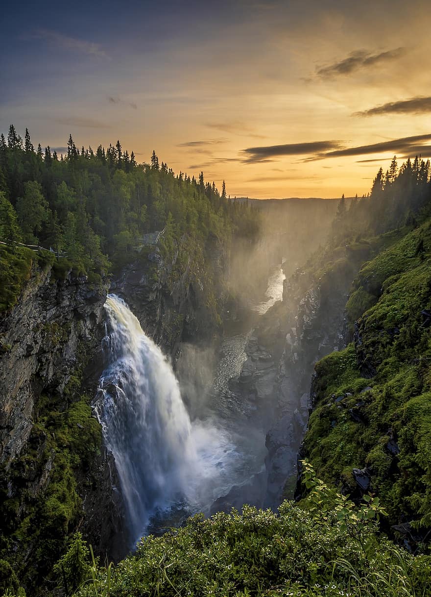водоспад, Швеція, води, природи, краєвид, річка, ліс, бах, fjäll, потік, дерева