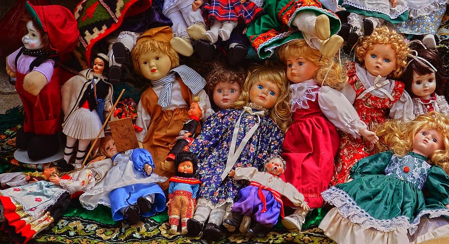 dukker, stå, salg, se, kulturer, legetøj, tøj, barn, dekoration, souvenir, dukke