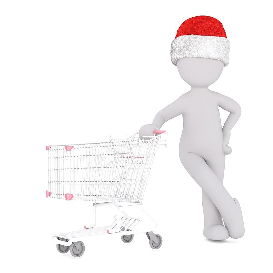 Kerstmis, blanke man, volledige lichaam, kerstmuts, 3d model, winkelwagen, durven, boodschappen doen, inkoop, chroom staal, trolley