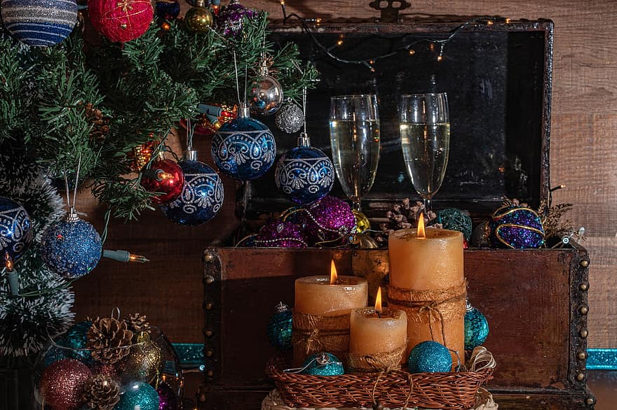 Natale, palle, ornamenti, albero, bicchieri, crostini, celebrazione, candele