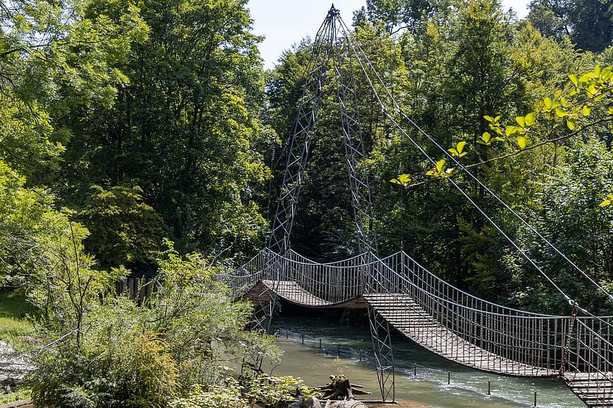 мост, река, парк, природа, Висящ мост, окови, дървен мост, дървета