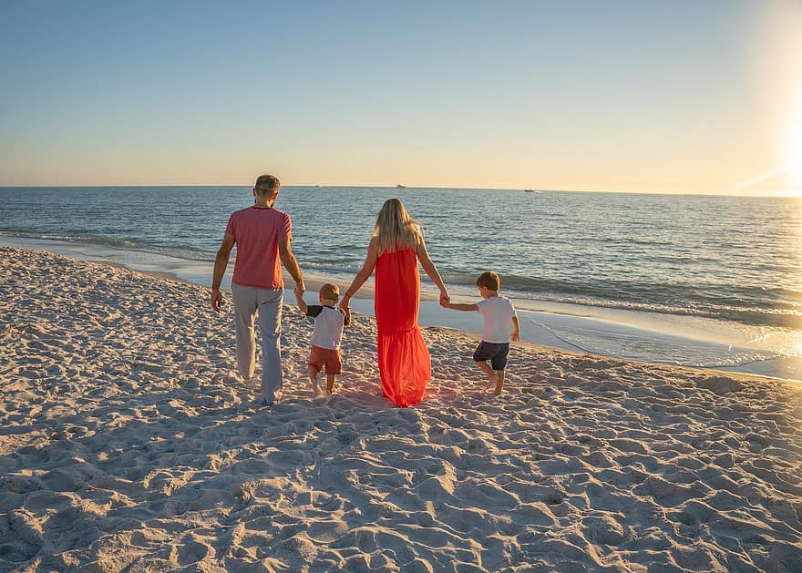 Family, Walking, Love, Beach, Sunset, Sea, Leisure, Outdoors, vacations, summer, child