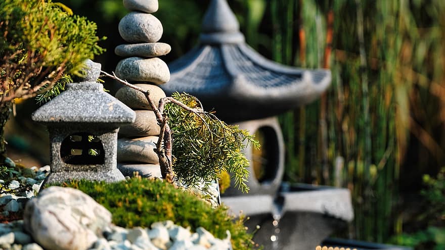 lanterna, luminária, bonsai, Jardim japonês, zen, Japão