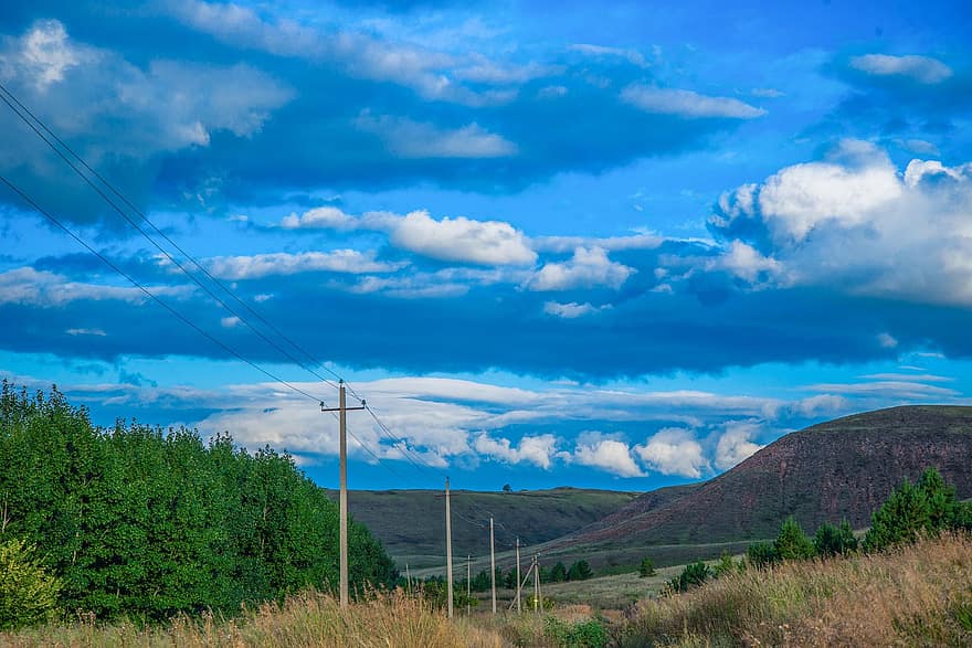 Summer, Nature, Clouds, Sky, Blue, Trees, The Hills, cloud, rural scene, landscape, fuel and power generation