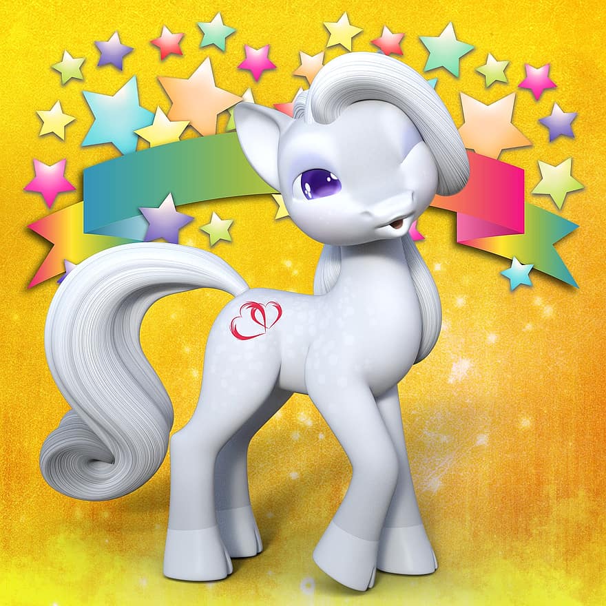 Pony, White, Sweet, Cute, Animal, Yellow, Cover, Star, Kiss, Girl, Toys