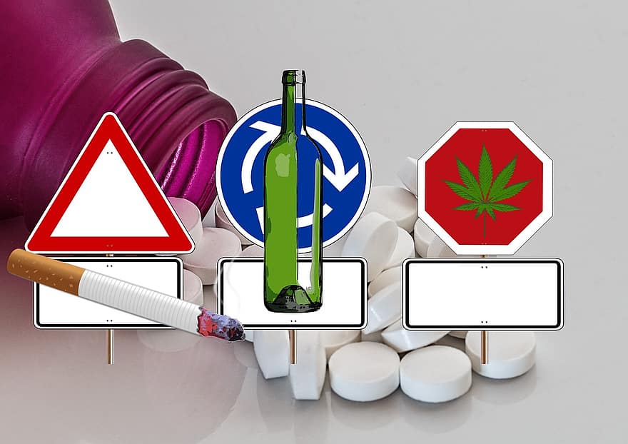 yol işareti, ilaçlar, esrar, alkol, tabletler, bağımlılık, sigaralar