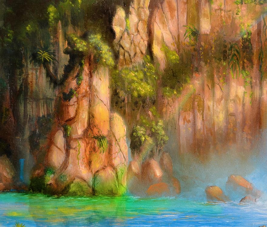 岩、水、ジャングル、虹、自然、緑、色、綺麗な、海、平和な、蒸気