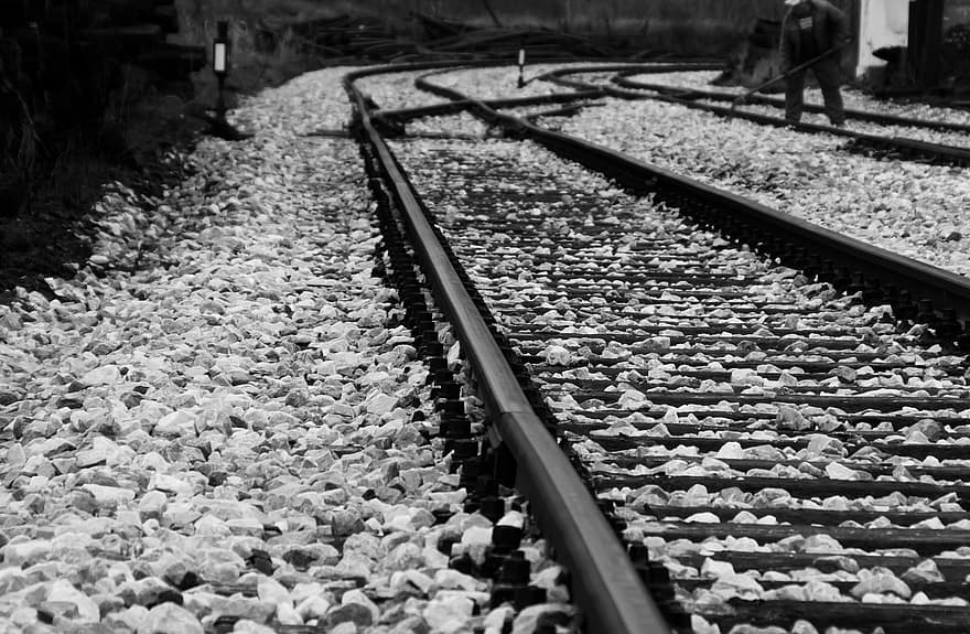 ferrocarril, roques, grava, blanc i negre, baranes, pistes, paisatge
