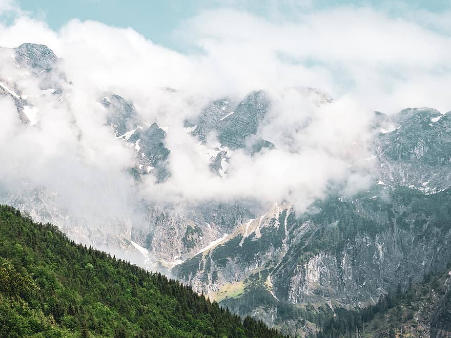 Oostenrijk, mist, bergen, grünau im almtal, Salzkammergut, Almsee, Alpen, natuur, berg-, bergtop, landschap