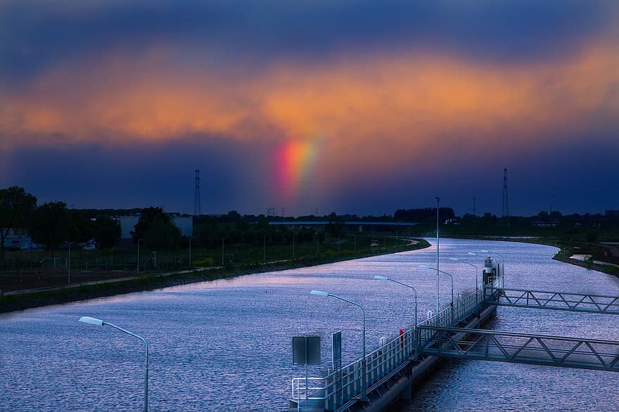 Channel, Rainbow, Nature, Path, River, Outdoors, Travel, dusk, night, water, sunset