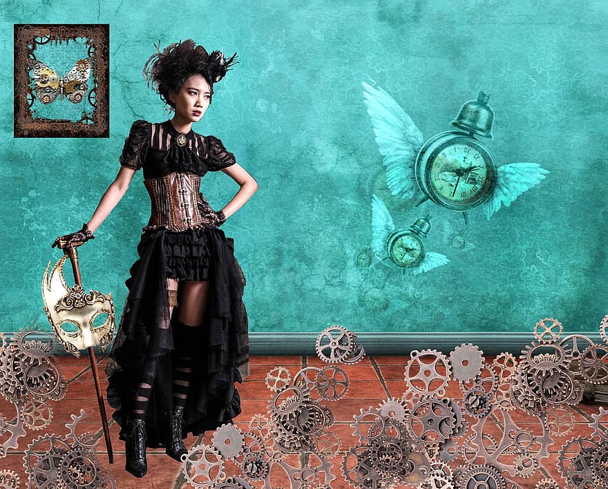 steampunk, kobieta, koła zębate, piękny, dziewczynka, moda, maska, Model, poza, czas, zegar
