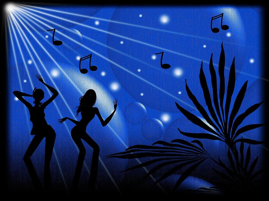 фон, ніч, танці, музики, жінки, картки, листівка, плакат, світлові ефекти, Синя музика, Синій танець