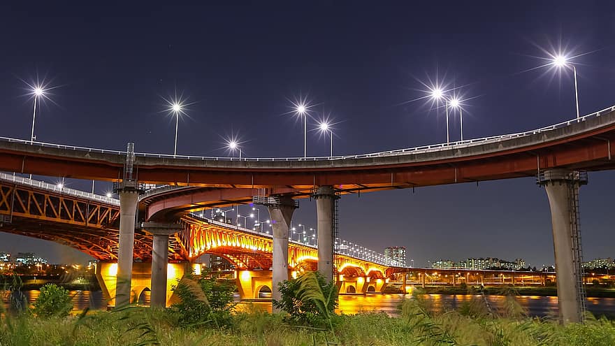 Хан Ривер, Южная Корея, мост, город, ночь, смеркаться, освещенный, движение, архитектура, шоссе с несколькими полосами движения, транспорт