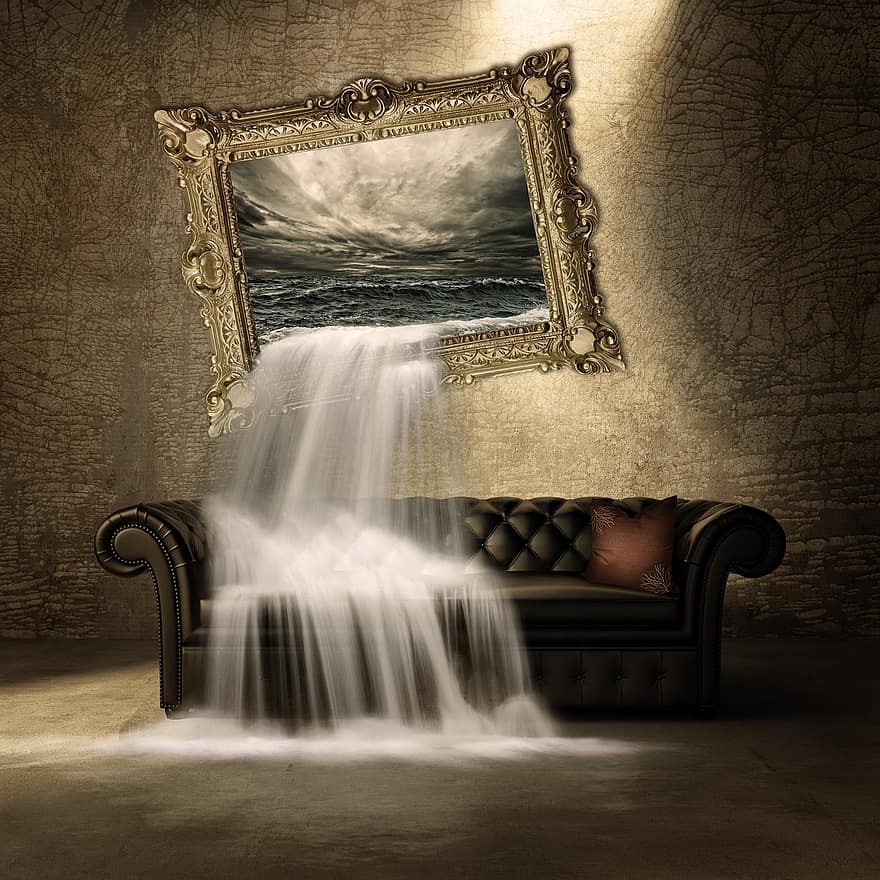 Waterfall, Couch, Image, Surreal, Composing