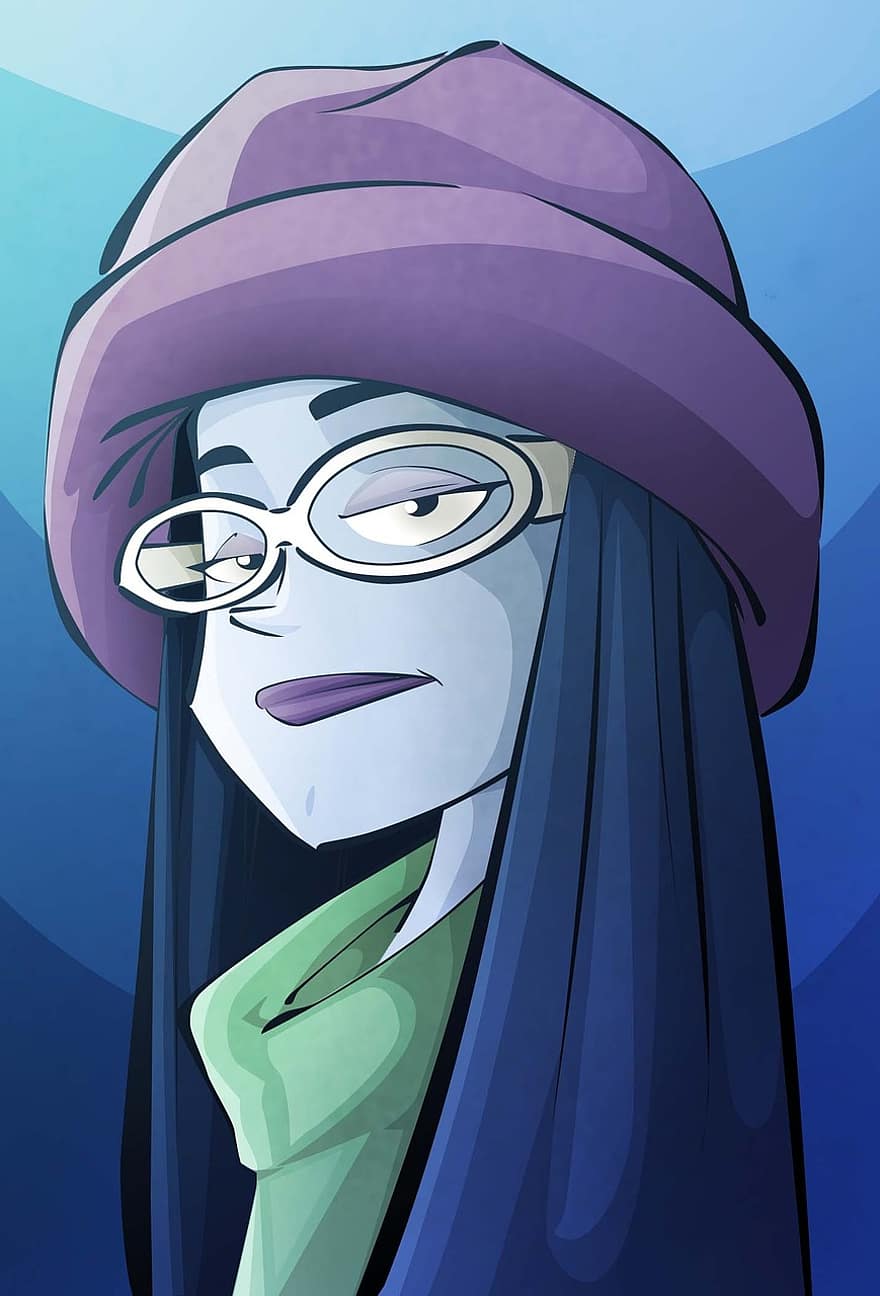 kvinna, kall, hatt, karaktär, glasögon