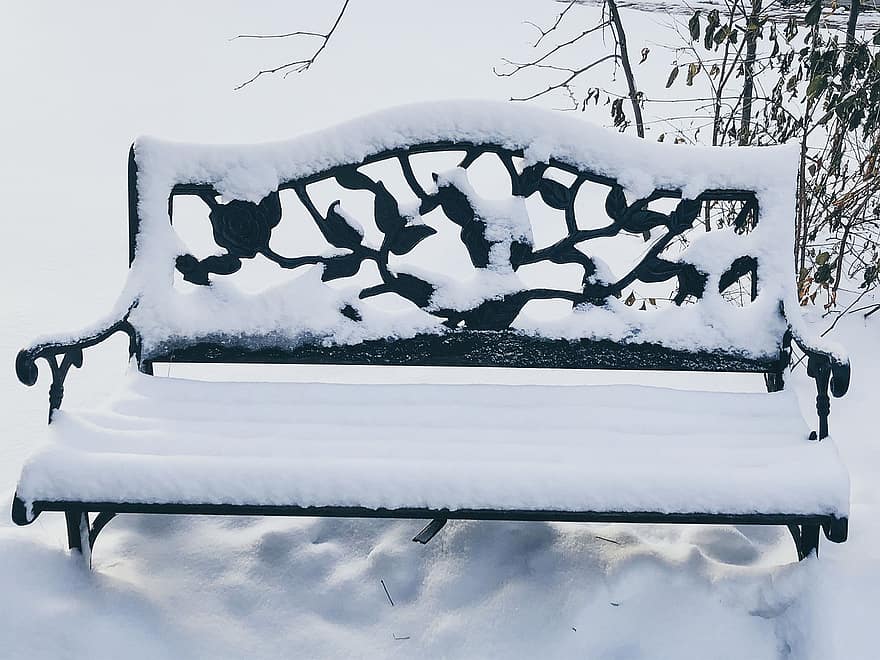 ławka, śnieg, siedzenie, samotny, na wolnym powietrzu, zimno, zimowy