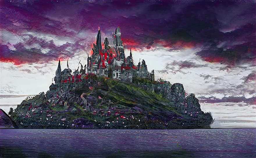 замок, острів, цифрове мистецтво, фантазія, мрійливий, казка, реферат, психоделічний, цифровий, природи, ілюстрації