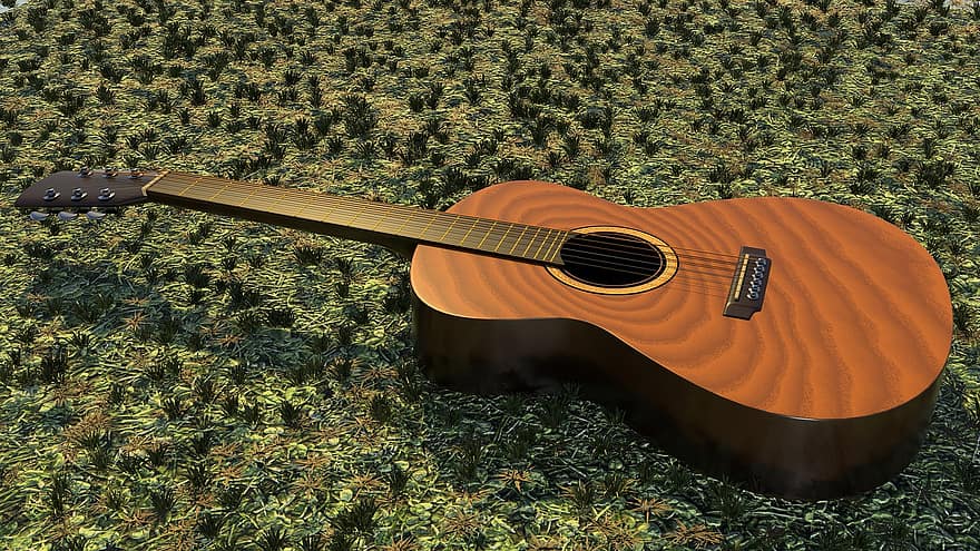 gitara, muzyka, instrument, akustyczny, drewno, dźwięk, krajobraz, trawa