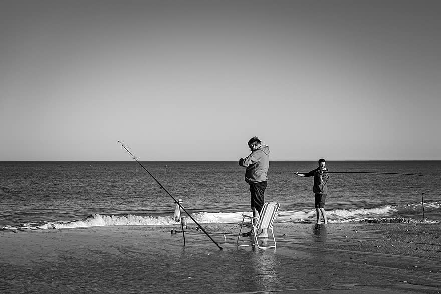 釣り、ビーチ、男達、海洋、海、余暇、趣味、屋外