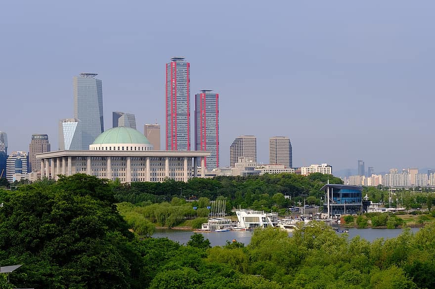 stad, Han rivier, Zuid-Korea, brug, Capitol, Yeouido, gebouwen, architectuur, stadsgezicht, wolkenkrabber, buitenkant van het gebouw