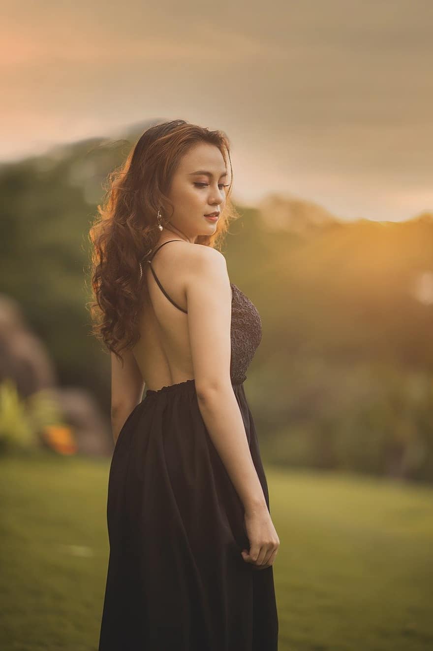woman, dress, sunset, women, one person, outdoors, adult, young adult, nature, lifestyles, caucasian ethnicity