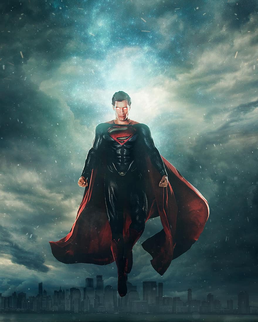 スーパーマン、スーパーヒーロー、ファンタジー、勇者、最愛の人、嵐、シティ、雲、建物、飛ぶ