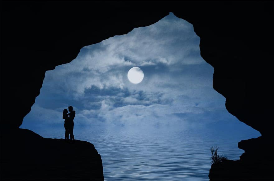 grot, silhouet, paar, liefde, maan, zee, golven, steen, man, vrouw, hemel