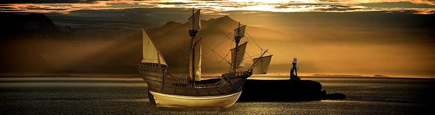Background, Ocean, Rock, Ship, Woman, Sunrise, Fantasy, nautical vessel, sailing ship, sailboat, sunset