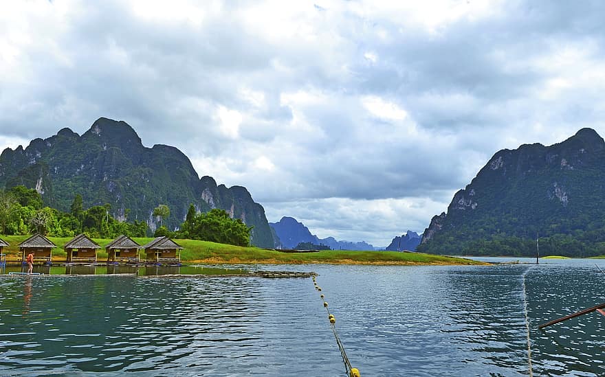 lac Cheow Lan, Thaïlande, les montagnes, la nature, des nuages, ciel, Lac, Montagne, eau, paysage, Voyage
