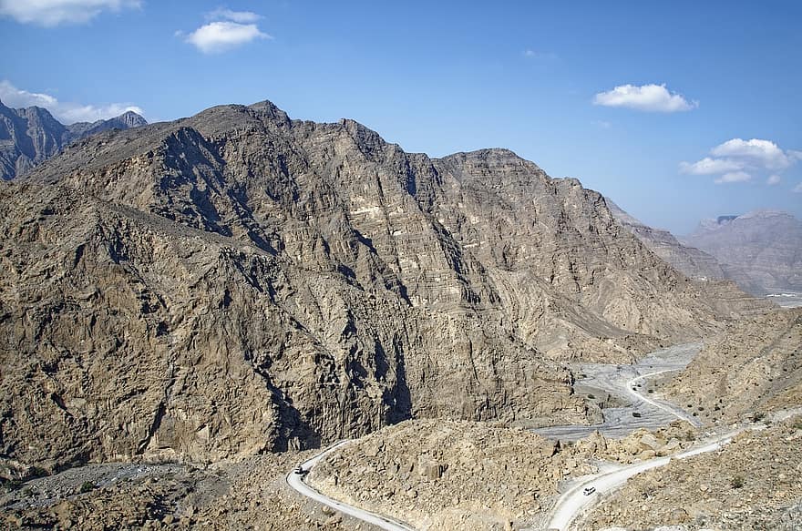 Oman, Musandam, Habinsel, exclavei, peisaj, munţi, natură, cer, nori, drum