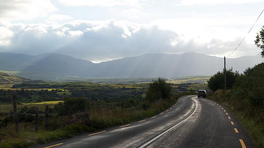 Road, Car, Mountains, Drive, Journey, Road Trip, Countryside, Curved Road, Clouds, Sunbeams, Fields