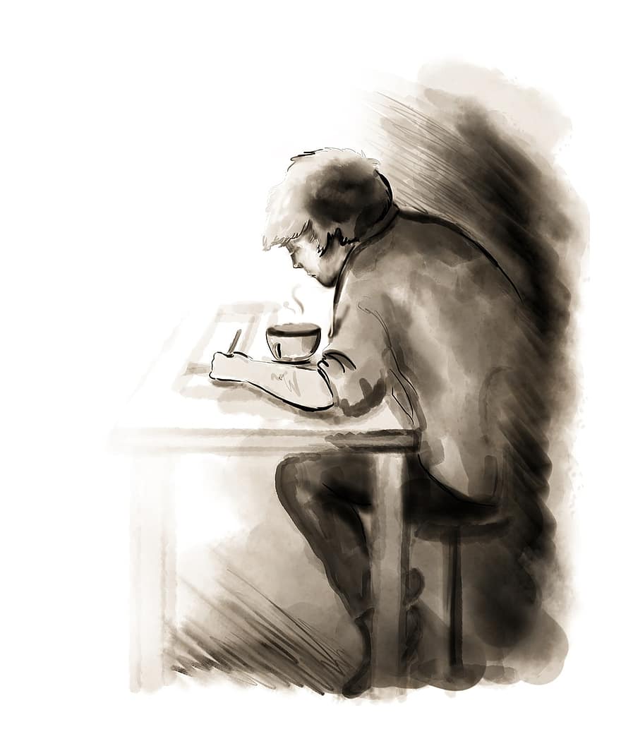 Omul care studiază, om, studiu, student, artist, desen, antic, Omul Cu Cafea, cafea, teme pentru acasă, studenți