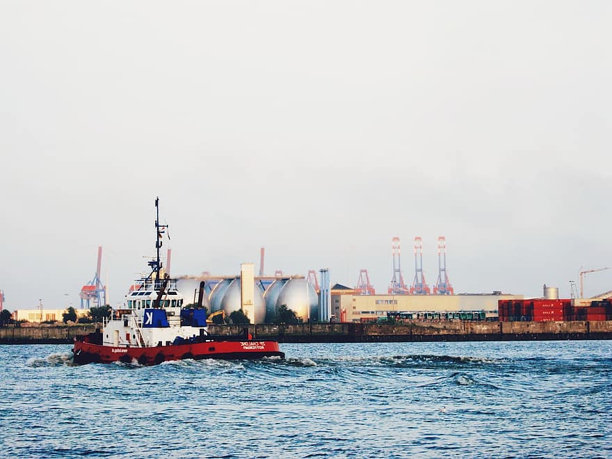 пристанище, химически завод, Пристанище Хамбург, вода, морски пейзаж, лодка, пилотска лодка, Товарни кранове
