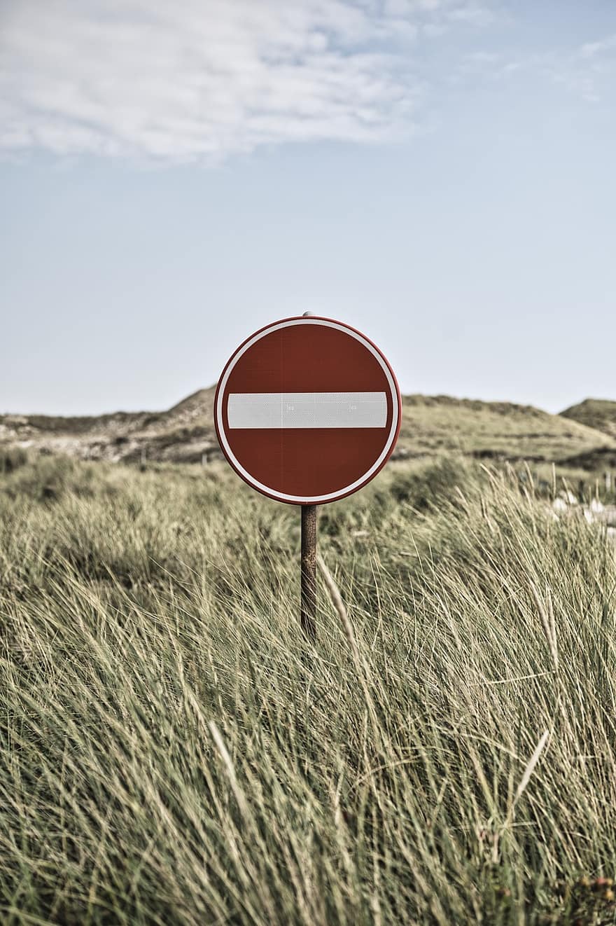 дорожный знак, Не входить, поле, трава, частный, не вводите знак, предупреждающий знак, вывески, барьер, Голландия