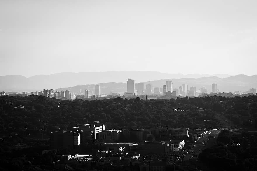 épületek, köd, városi, dombok, város, láthatár, városközpont, Pretoria, Dél-Afrika, b w, fekete